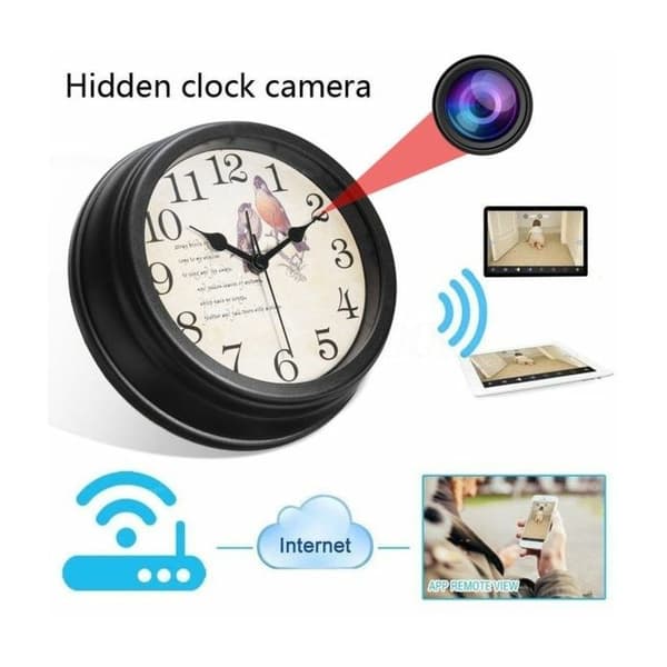 Klocka med Full HD 1080P Wifi fågelspionkamera rund * Internt batteri: litiumjon * Batteritid: Flera dagar *