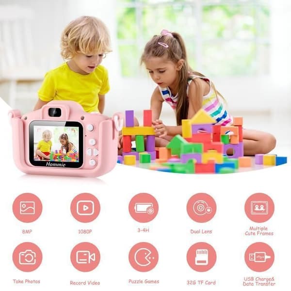 Barnkamera, laddningsbar foto/video mini digital barnkamera för flickor pojkar (32G Micro SD-kort ingår)