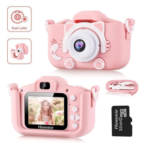 Barnkamera, laddningsbar foto/video mini digital barnkamera för flickor pojkar (32G Micro SD-kort ingår)