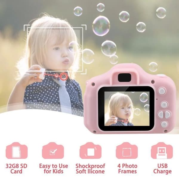 Barnkamera - ALLONSCD - HD 1080p Mini Digitalkamera Uppladdningsbar - Stötsäker - Rosa