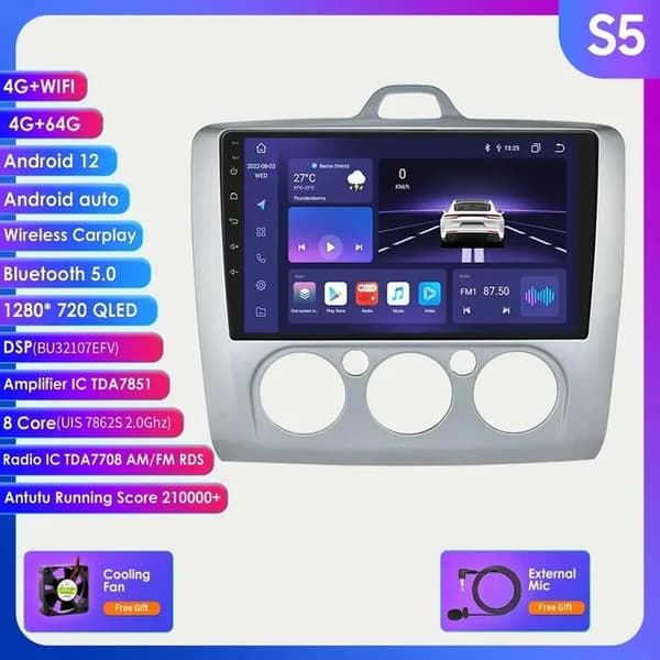 Bilradio, 4G-Lte-forbindelse, Android 12 Gps-navigation, S5 Sort