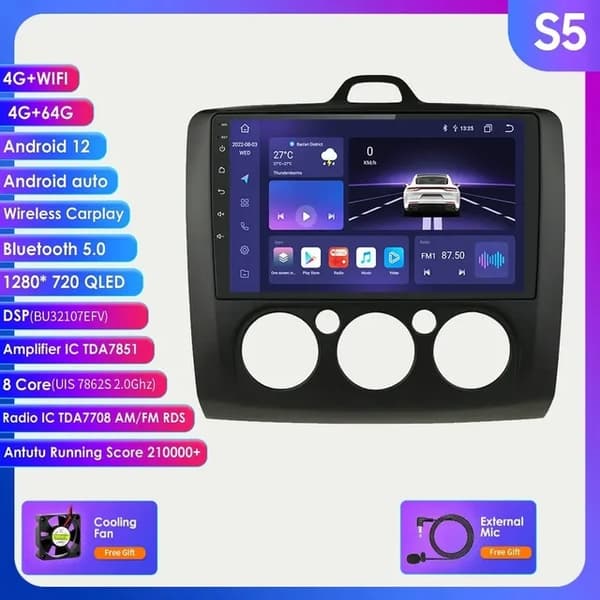 Bilradio, 4G-Lte-forbindelse, Android 12 Gps-navigation, S5 Sort