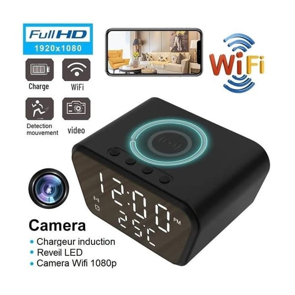 Väckarklocka med spionkamera - HD - Wifi - Induktionsladdare - 120° - Svart