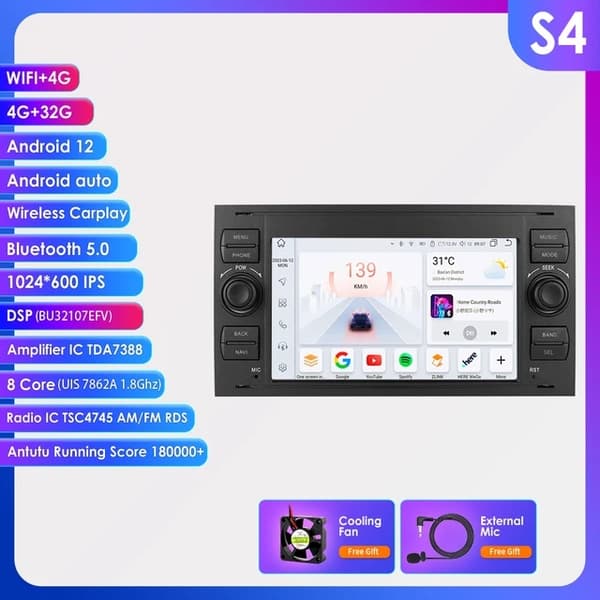 Android bilradio, multimediefunktionalitet, Carplay GPS, S6 B