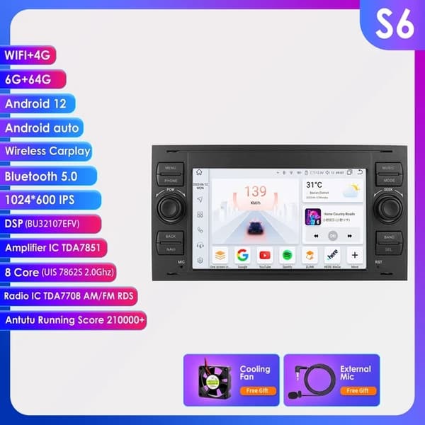 Android bilradio, multimediefunktionalitet, Carplay GPS, S6 B