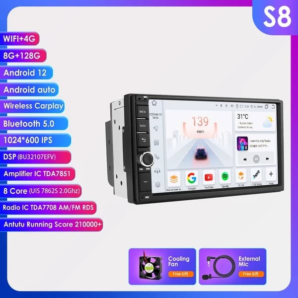 Autostereo, CarPlay-yhteensopivuus, Bluetooth-yhteys, S8-8G 128G-8cores-4G