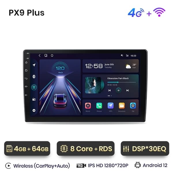 Bilradio, Android 12, CarPlay, 4G-WIFI 4GB-64GB