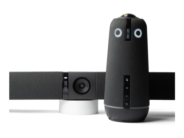 Owl Labs Meeting Owl 4+ ja Owl Bar Bundle - Älykäs 360 asteen 4K monikameravideoneuvottelupaketti (automaattinen tarkennus kaiuttimeen, älykameran va