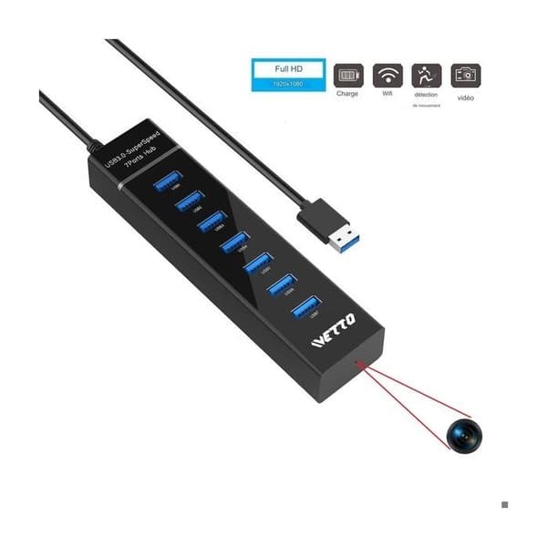 USB-hub med 7 portar - Spionkamera - WiFi - HD 1080P - Rörelsedetektor - Svart
