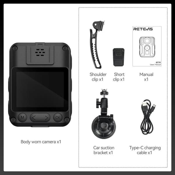 Retevis RT79 kroppskamera, 128G GPS-kamera, 2K/4K, 2400 mAh, USB-C, bilsugkopp, bärbar trådlös ljudvideoinspelare