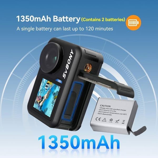 Svbony Act20 vattentät WiFi actionkamera, dubbel IPS-skärm, 2" pekskärm, 4K 60FPS 20MP, EIS-stabilisering, kamera för dykning