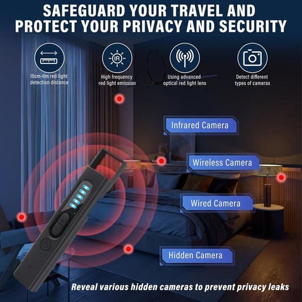 Mikrospiondetektor, kameradetektor och mikrospion, 3 i 1 dold kameradetektor, skyddar Pos Travel och skyddar (svart)