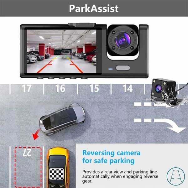 Bilkamera 3 objektiv vidvinkel 1080P HD bil DVR Dash Cam parkeringsmonitor