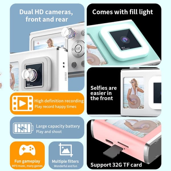 2,4" skjerm med dobbel linse videoopptak CCD digitalkamera med 32 GB kort + leser - Hvit