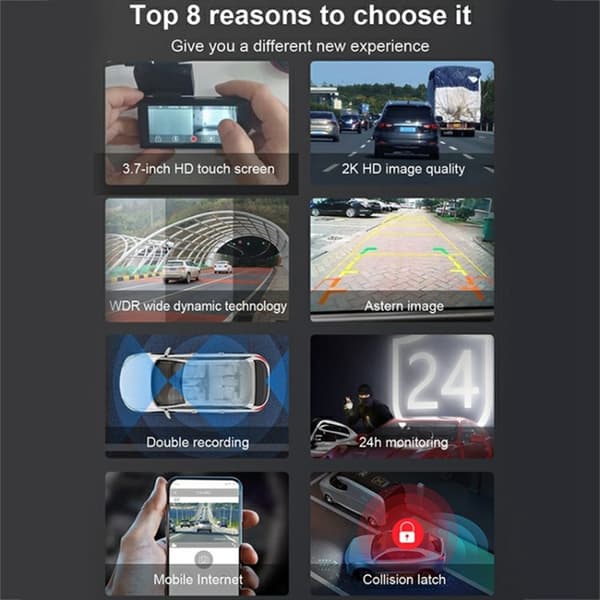 2K Ultra HD WiFi Night Vision For og bag bil Dash Cam med parkeringsmonitor