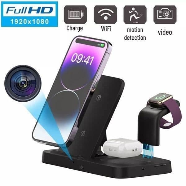 Laddare med 3 induktionsladdare för wifi Full HD spionkamera