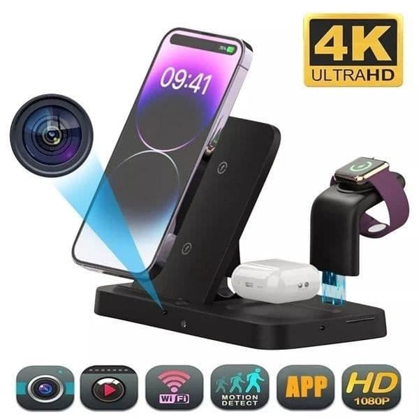 Laddare med 3 induktionsladdare för wifi Full HD spionkamera