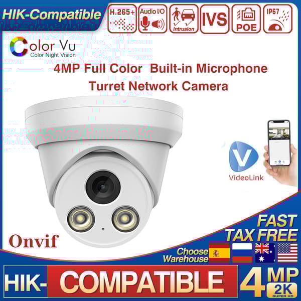 Hikvision-yhteensopiva verkkokamera, 4MP väri, 30m IR-etäisyys,2,8 mm, 4MP Väri