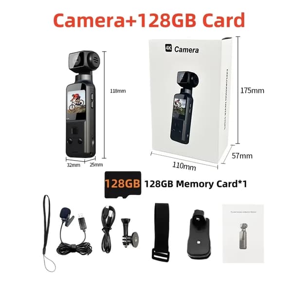 4K Pocket Action Kamera, Vandtæt op til 30m, WiFi-forbindelse,128G