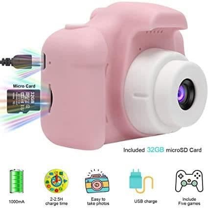 GlobalCrown Kids Camera - Stötsäker uppladdningsbar digitalkamera - 1080p HD-video - Rosa
