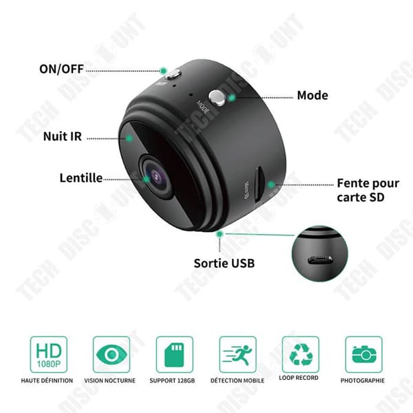 Mini gömt kamera - TECH DISCOUNT - Full HD 1080P - Nattseende - Rörelsedetektering - Portabel