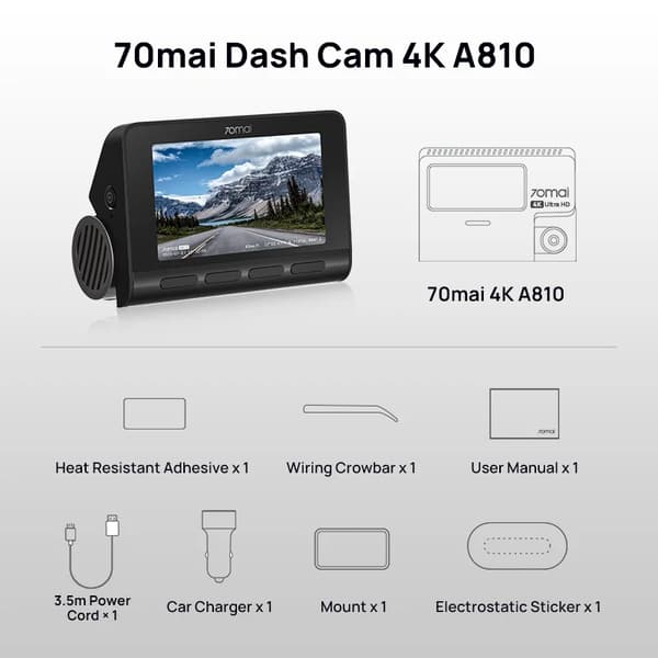 70mai Dash Cam 4K, Dual-Channel Optagelse, Indbygget GPS,UHS-I U3 64GB, A810 Front Cam
