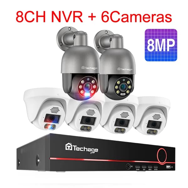 Techage Kamerasystem, 8CH NVR, Fullfärgsnattseende,Ingen, 8MP 8CH 6Kamera A