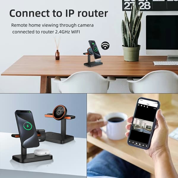 3i1 overvågningskamera Kamera Magnetisk trådløs oplader WiFi 1080P 15W