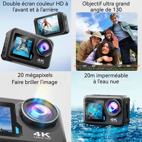 INN Actionkamera 4K60FPS 20MP Wifi med dubbla fram- och baksidor, inklusive 64G minneskort, metallkapsling, vattentät upp till 20m, 960mAh batteri.