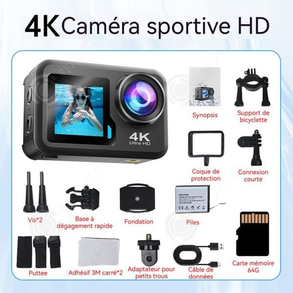 INN Actionkamera 4K60FPS 20MP Wifi med dubbla fram- och baksidor, inklusive 64G minneskort, metallkapsling, vattentät upp till 20m, 960mAh batteri.