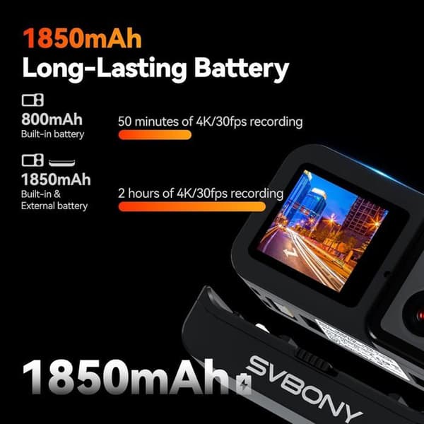 Akčná kamera SVBONY ACT50 4K 30fps, vodotesná IPX8, dvojitý IPS displej, F2.0/F1.4, širokouhlý 145°, EIS 6-osová stabilizácia proti otrasom.