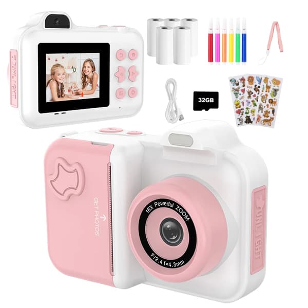 Barnens Sofortkamera, 16X Zoom, 32GB Lagring,Vit Rosa