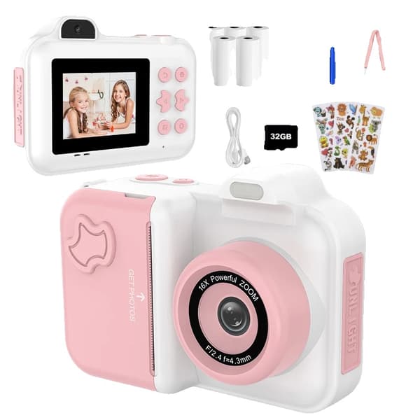 Barnens Sofortkamera, 16X Zoom, 32GB Lagring,Vit Rosa
