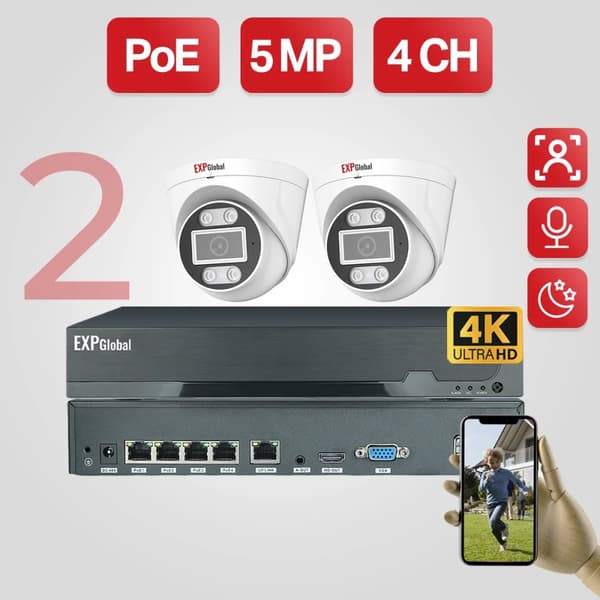 5MP POE CCTV -kamerajärjestelmä, 4 kanavan videotulo, infrapuna-yönäkö,Ei mitään, 4CH 2 Kupolikamera