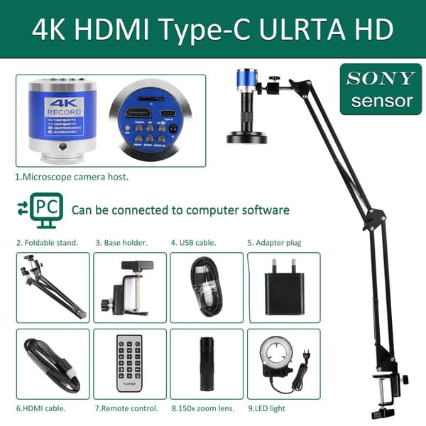 4K Elektronisk Digital Mikroskop, HDMI & USB Utgångar, 150x Förstoring,4K HDMI Typ C set