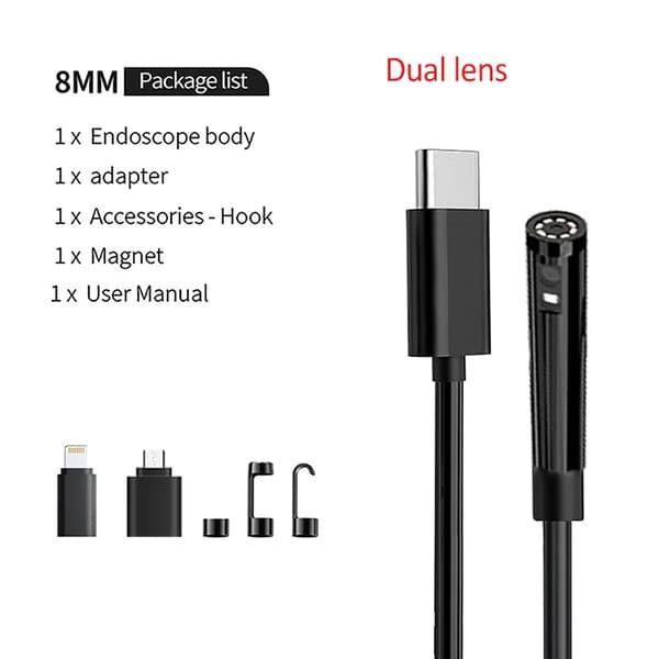 Dual-Lens Borescope Endoskopkamera, 1080P HD-upplösning, växlande dubbelobjektiv, IP67 vattentålig klassning,8MM Dual lins 10m