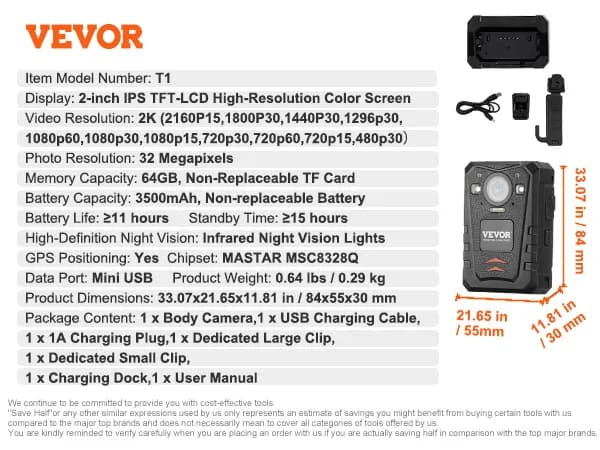 VEVOR Kroppskamera, 1440P Video, 34MP Bilder, Lång Batteritid,3500mAh 64GB
