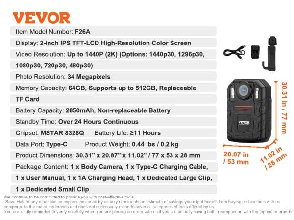 VEVOR Kroppskamera, 1440P Video, 34MP Bilder, Lång Batteritid,2850mAh 64GB