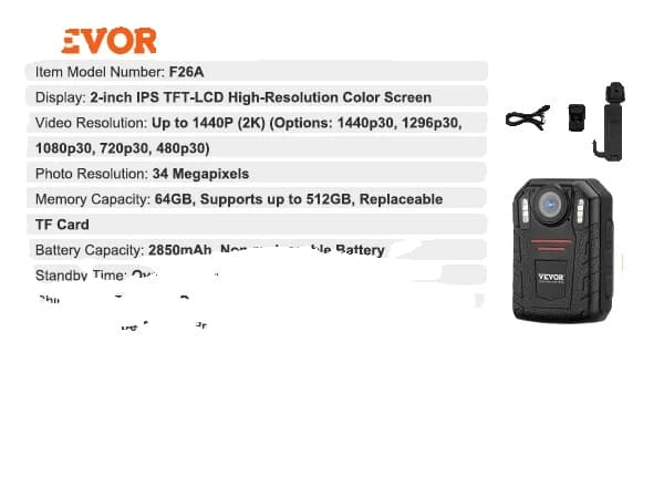 VEVOR Kroppskamera, 1440P Video, 34MP Bilder, Lång Batteritid,2850mAh 64GB