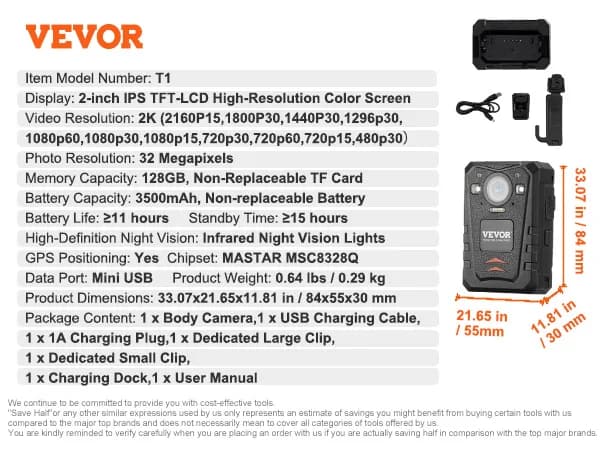 VEVOR Kroppskamera, 1440P Video, 34MP Bilder, Lång Batteritid,3500mAh 128GB