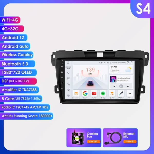 Auton GPS-navigointi, Android 12, monimediasoitin, S4-4G 32G-8cores-4G