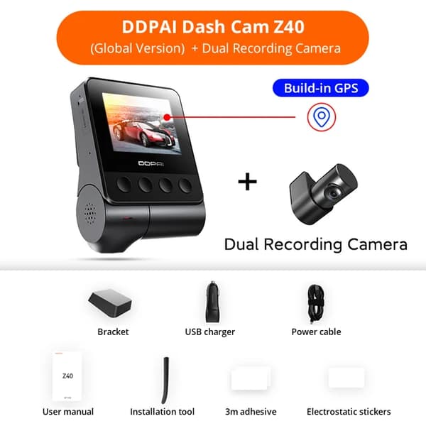 DDPAI Dash Cam, 1944P Sony-sensor, Dubbelkanalsinspelning,Z40 DUAL GPS, Ingen TF-kort
