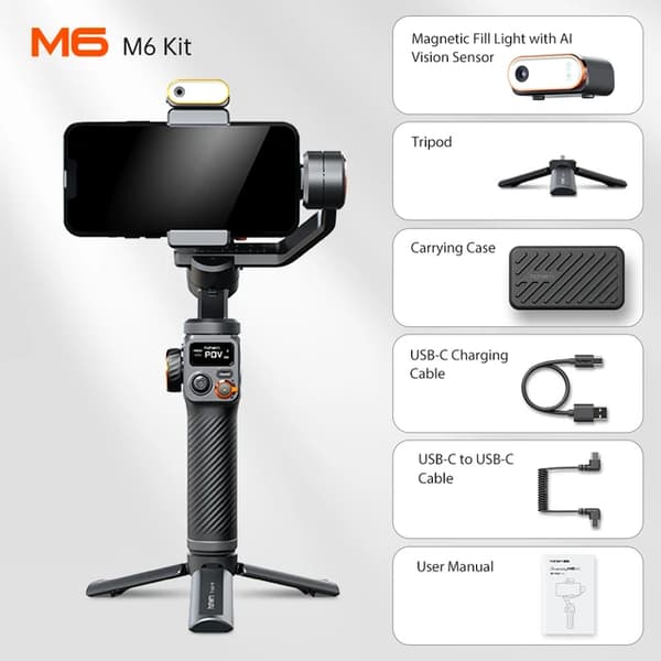 3-akset Smartphone Gimbal Stabilizer, 360° uendelig rotation, op til 400g belastningsevne.,med lys
