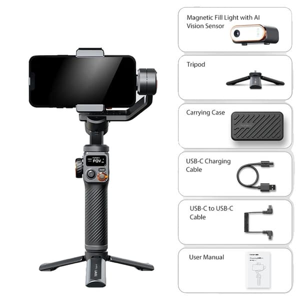 3-akset Smartphone Gimbal Stabilizer, 360° uendelig rotation, op til 400g belastningsevne.,med lys