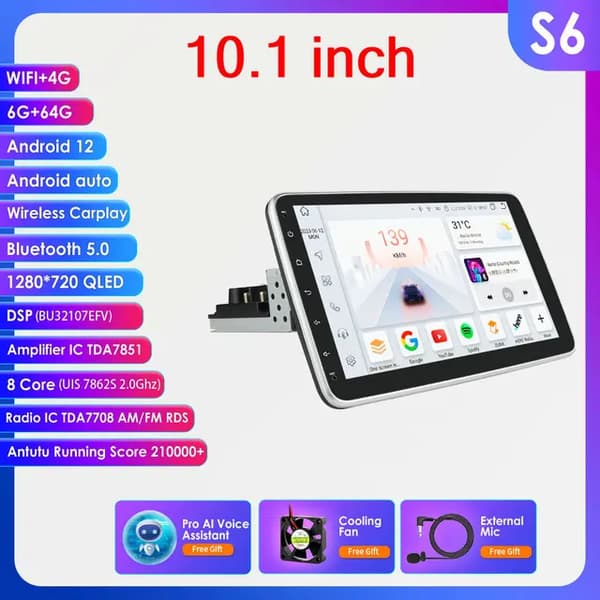 Bil Multimedieafspiller, 360 graders roterbar, Carplay hovedenhed, 10,1 tommer S6 AI