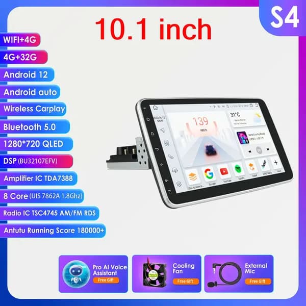 Bil Multimedieafspiller, 360 graders roterbar, Carplay hovedenhed, 10,1 tommer S4 AI