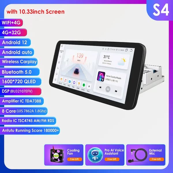 Bil Multimedieafspiller, 360 graders roterbar, Carplay hovedenhed, 10,33 tommer S4 AI