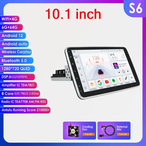 Bil Multimedieafspiller, 360 graders roterbar, Carplay hovedenhed, 10,1 tommer S6