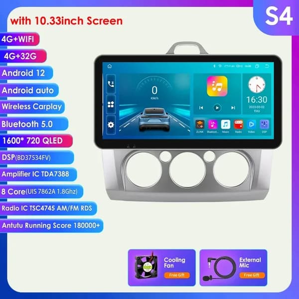 Bilradio, 4G-Lte-forbindelse, Android 12 Gps-navigation, 10,33 tommer S4 sølv