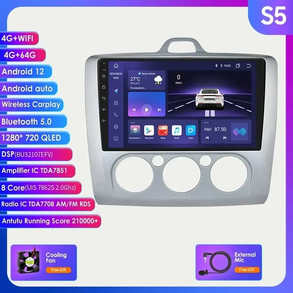 Bilradio, 4G-Lte-forbindelse, Android 12 Gps-navigation, S5 Sølv